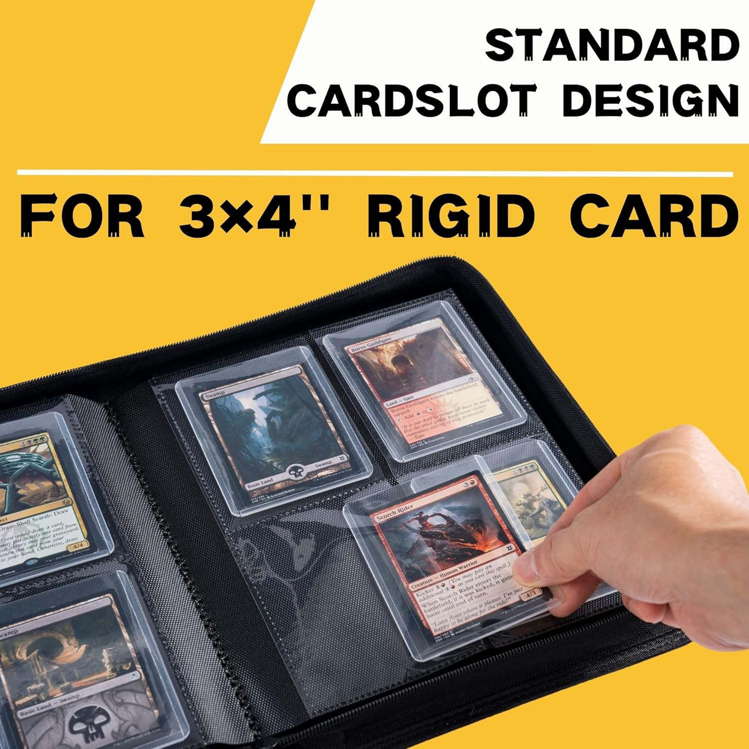 Demonstrates that the product is designed to hold 3x4 inch rigid cards, helping customers understand the specific card size it accommodates.
