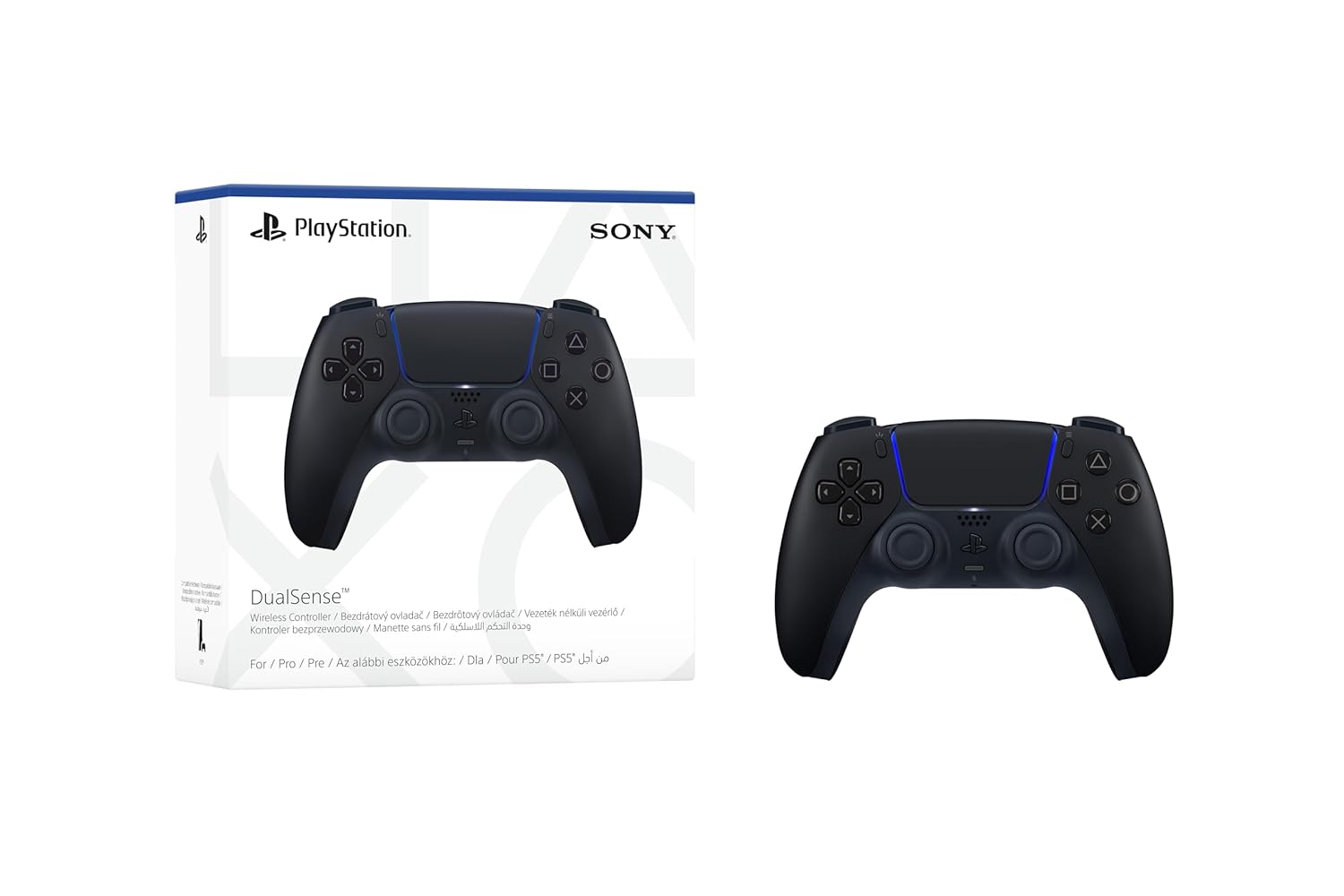 Shows the PlayStation 5 DualSense controller that is included with the product, both in its packaging and as a standalone item
