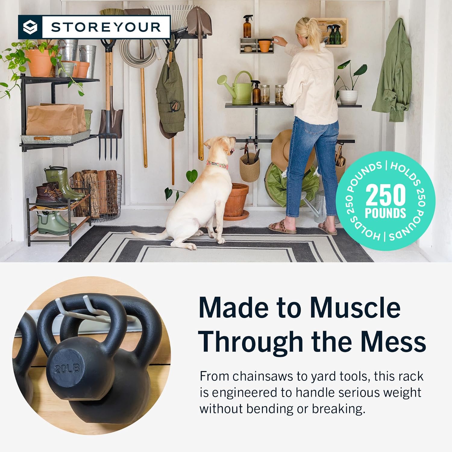 Demonstrates how the storage system can be used to organize various tools and equipment in a garage or garden setting Highlights the product's ability to hold up to 250 pounds, showcasing its…