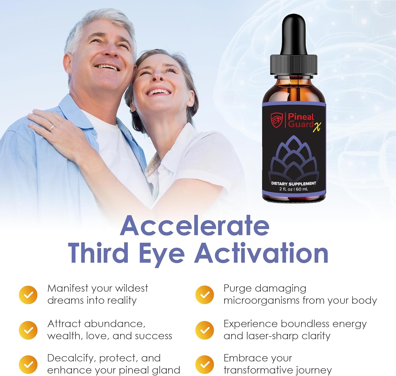 Highlights multiple claimed benefits of the supplement, including activating the third eye, manifesting desires, increasing energy, and detoxifying the body.