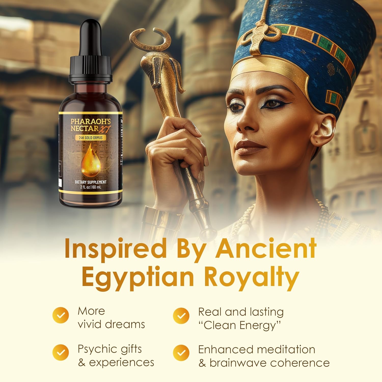 Associates the product with the mystique and power of ancient Egyptian royalty to create an emotional connection and sense of luxury. Highlights multiple benefits of the product to appeal to…