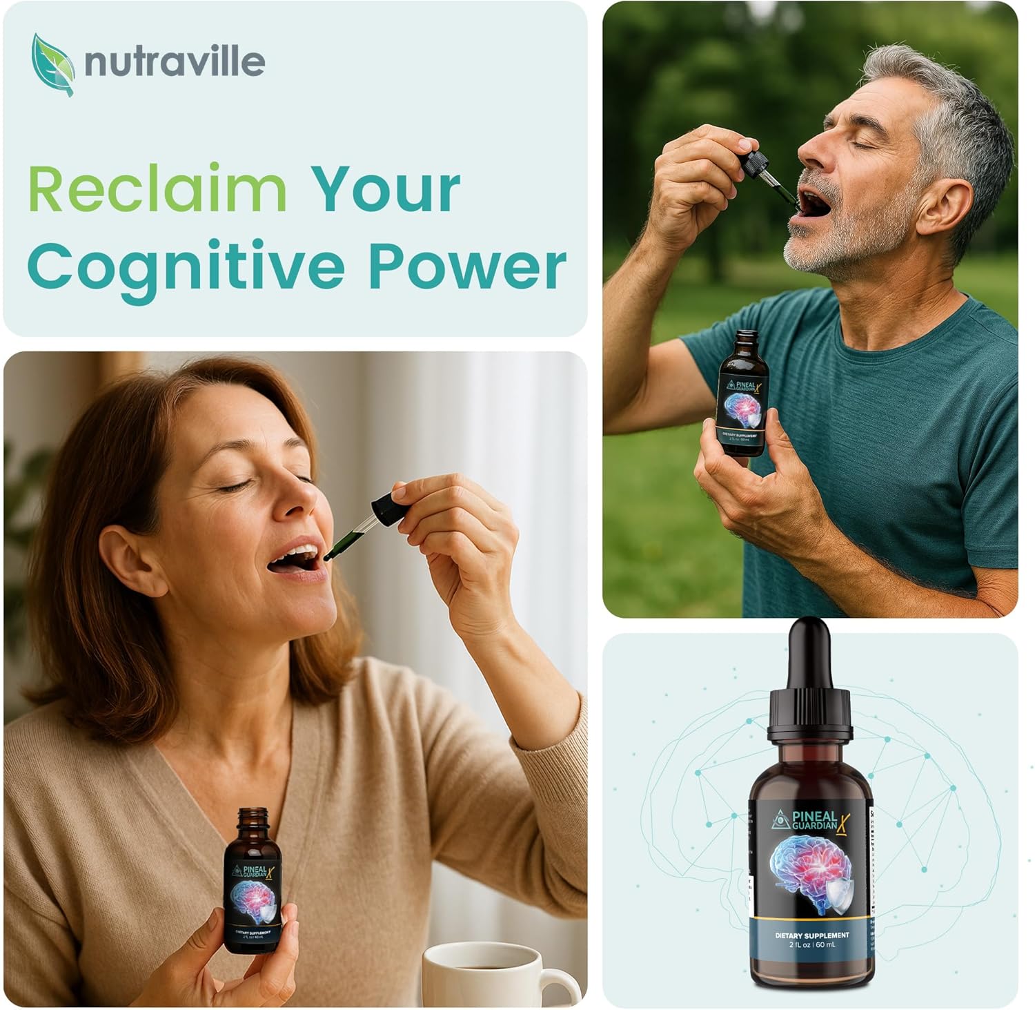 Showcases the product's ability to improve cognitive function and its simple dropper application method for different users.