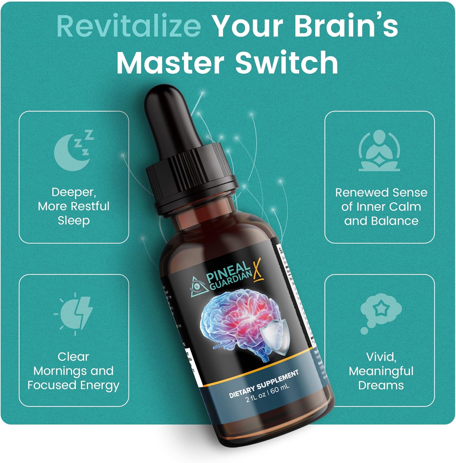 Highlights multiple benefits of the supplement for brain health and sleep, aiming to convince shoppers of its comprehensive effects.