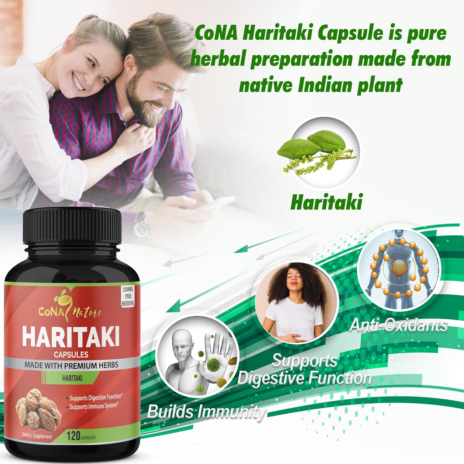 Highlights multiple health benefits of the Haritaki supplement, including digestive and immune support, to showcase its versatility and appeal to health-conscious consumers.