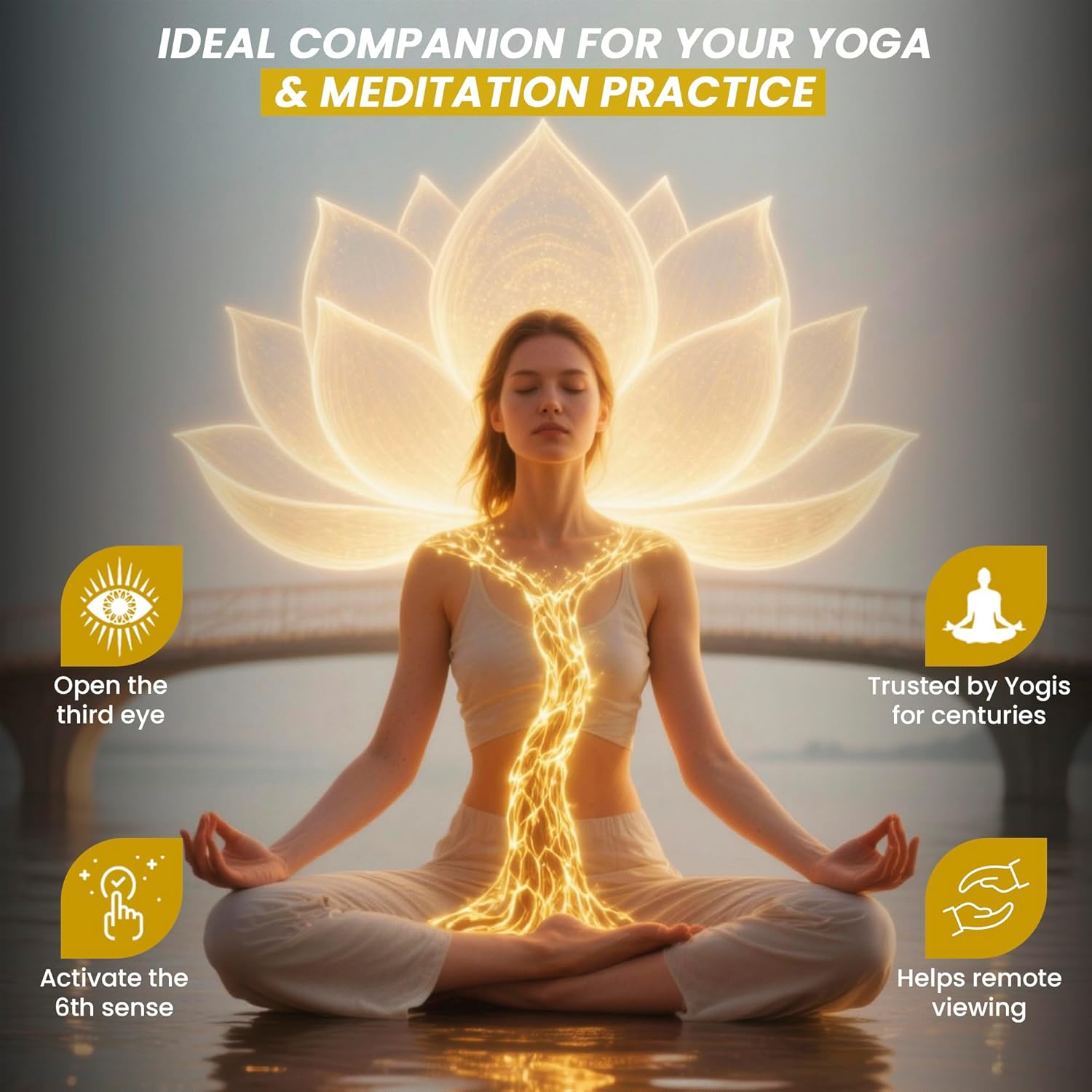 Showcases multiple spiritual and meditative benefits of the product for yoga and meditation practices.