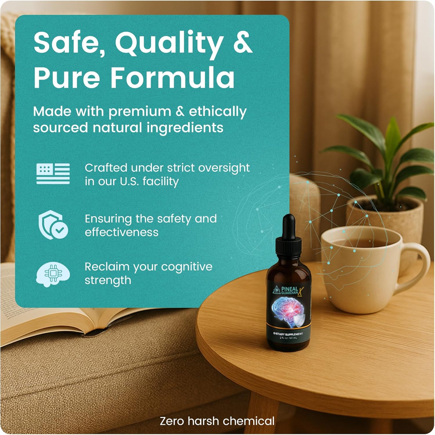 Highlights multiple quality and safety aspects of the product to build trust and emphasize its effectiveness for cognitive health. Reassures customers about the product's safety and quality through…