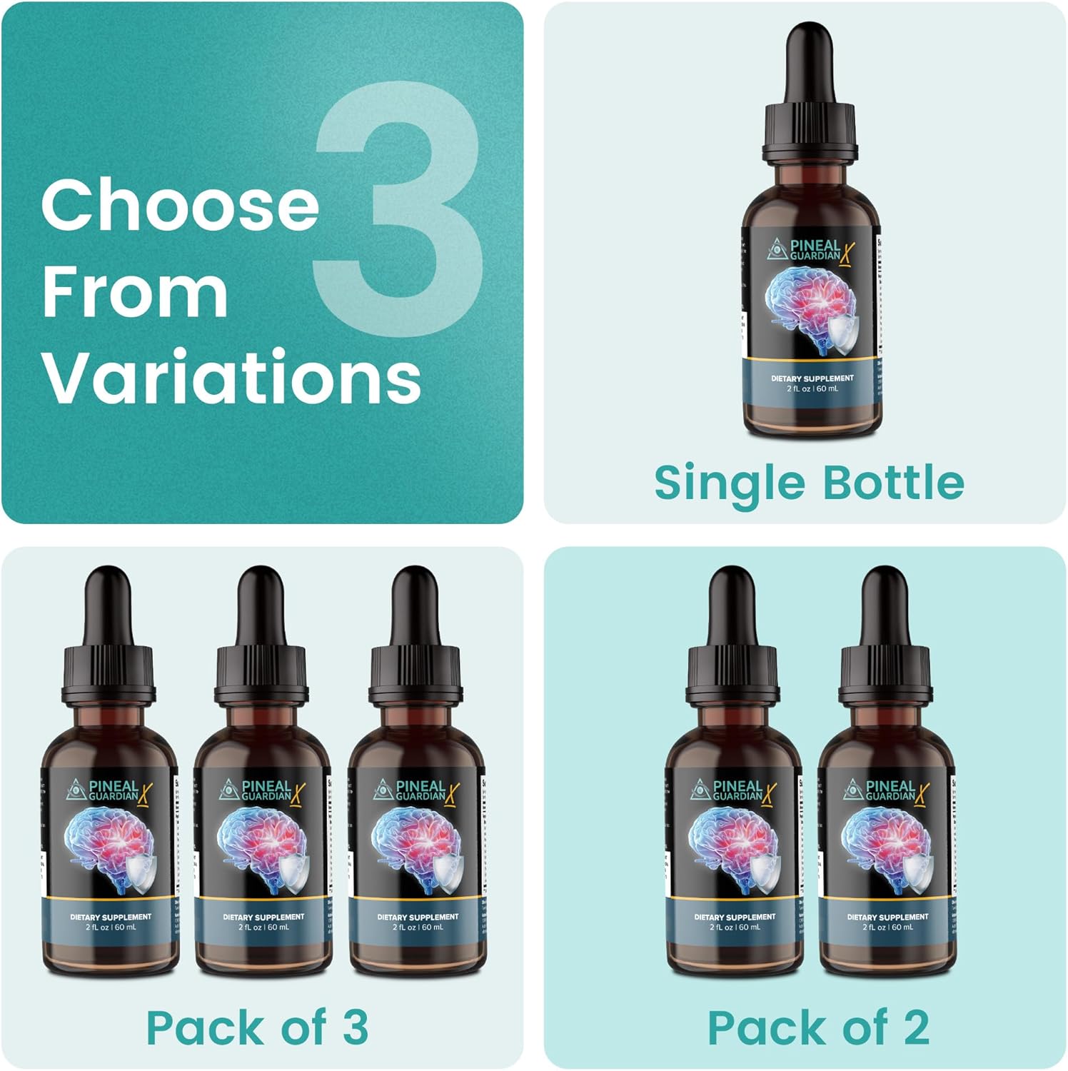 Guides customers in selecting between single bottle, pack of 2, or pack of 3 options for the supplement.