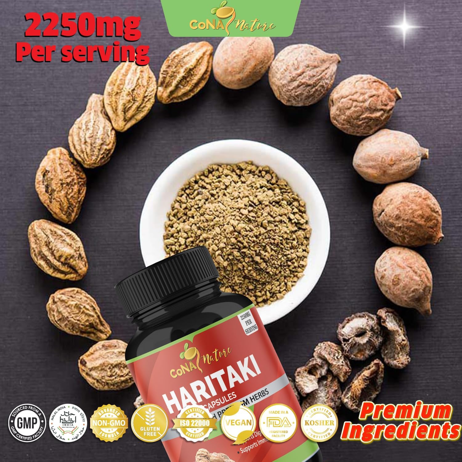 Highlights the high potency of the product with 2250mg per serving to emphasize its strength and value. Shows the natural nuts and herbs used in the product to convey its premium, whole-food…
