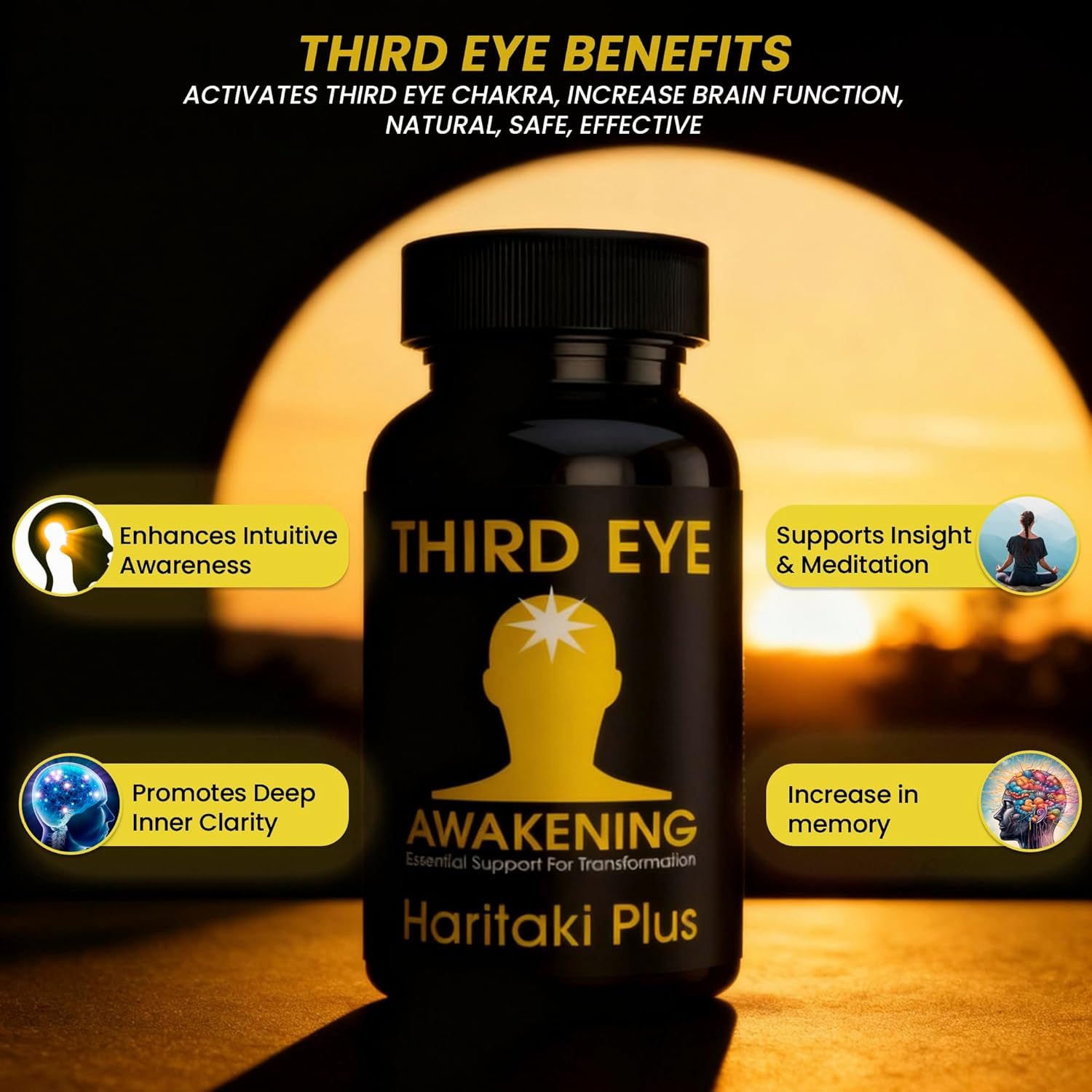 Highlights multiple benefits of the 'Third Eye Awakening' supplement, emphasizing its effects on spiritual and cognitive functions to appeal to those interested in holistic wellness and personal…