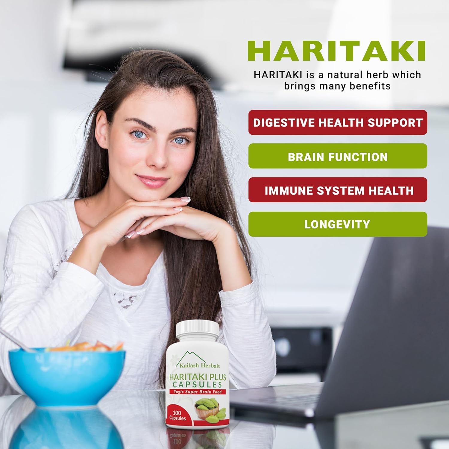 Highlights multiple health benefits of Haritaki herb to showcase its versatility as a natural supplement.