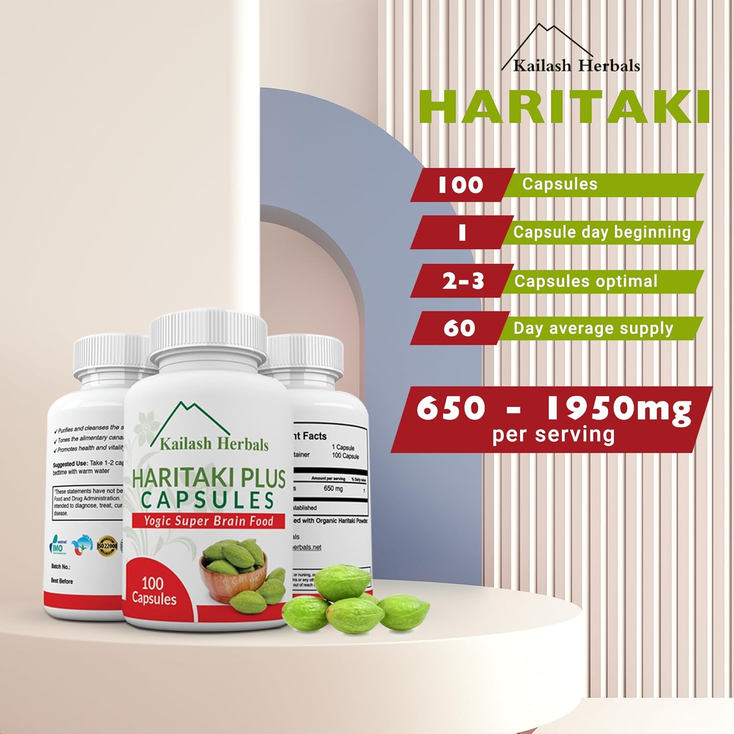 Provides key product information including capsule count, recommended dosage, and serving size to help customers understand proper usage.