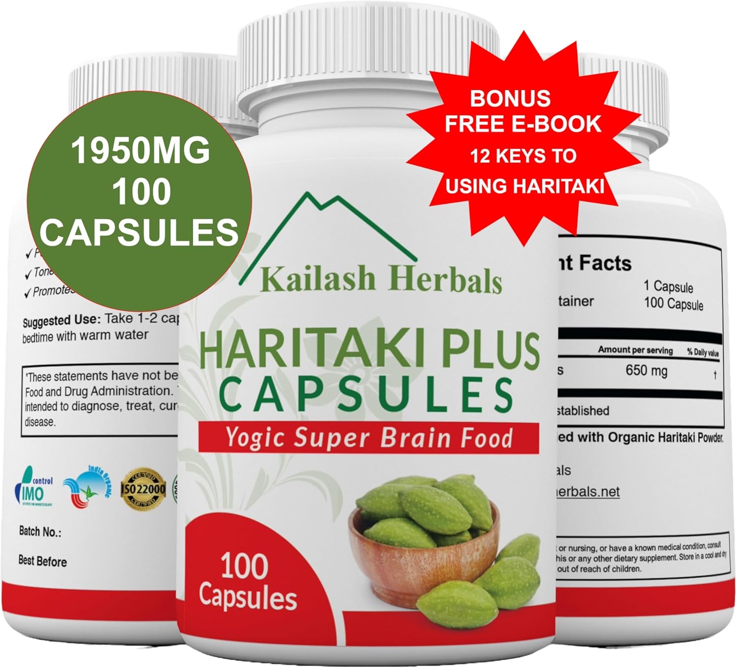 Highlights the product contents (100 capsules) and bonus free e-book to demonstrate value to the customer. Clearly states the dosage (1950MG) to inform customers about the product strength.