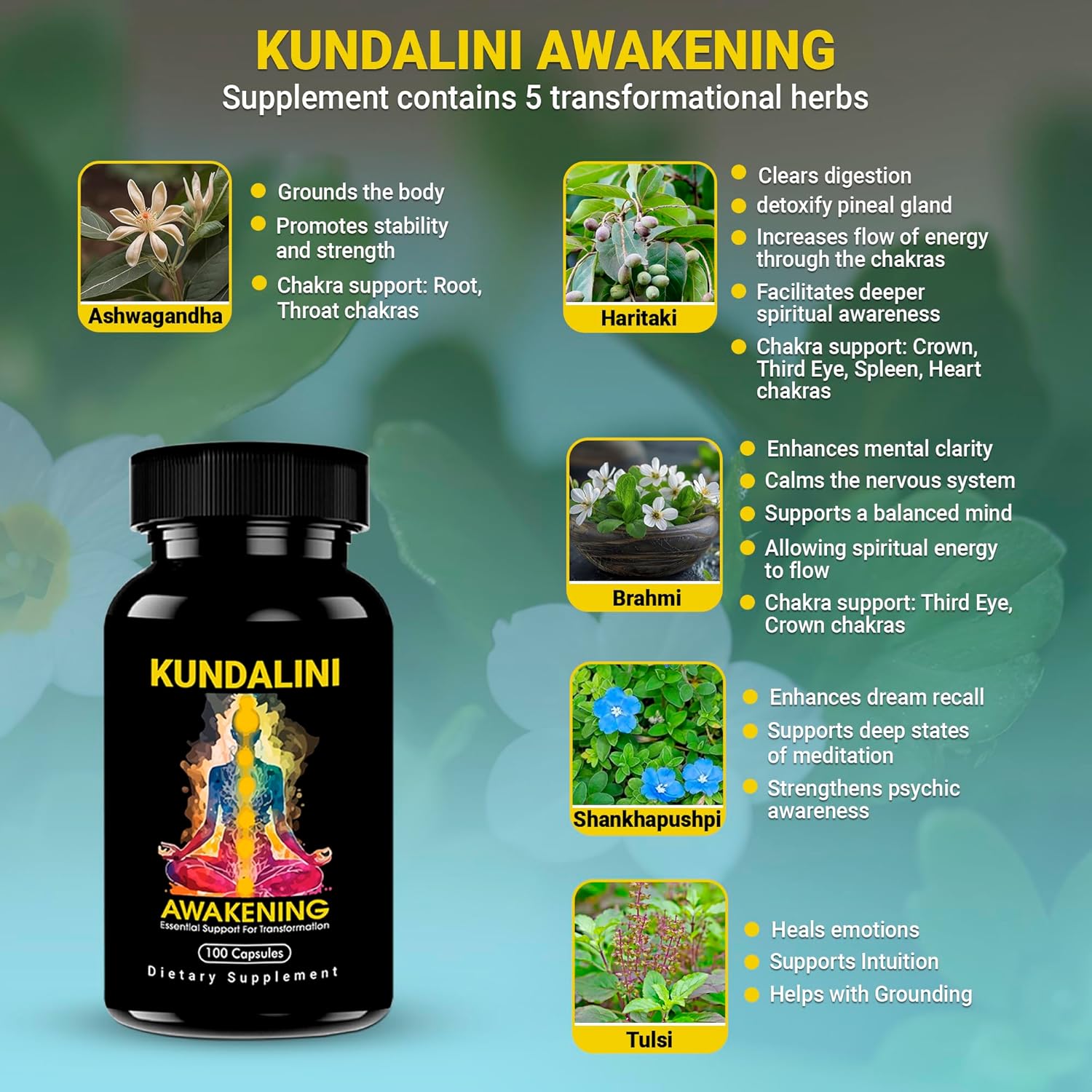 Highlights the multiple herbal ingredients in the supplement and their various benefits for spiritual awakening and chakra support.