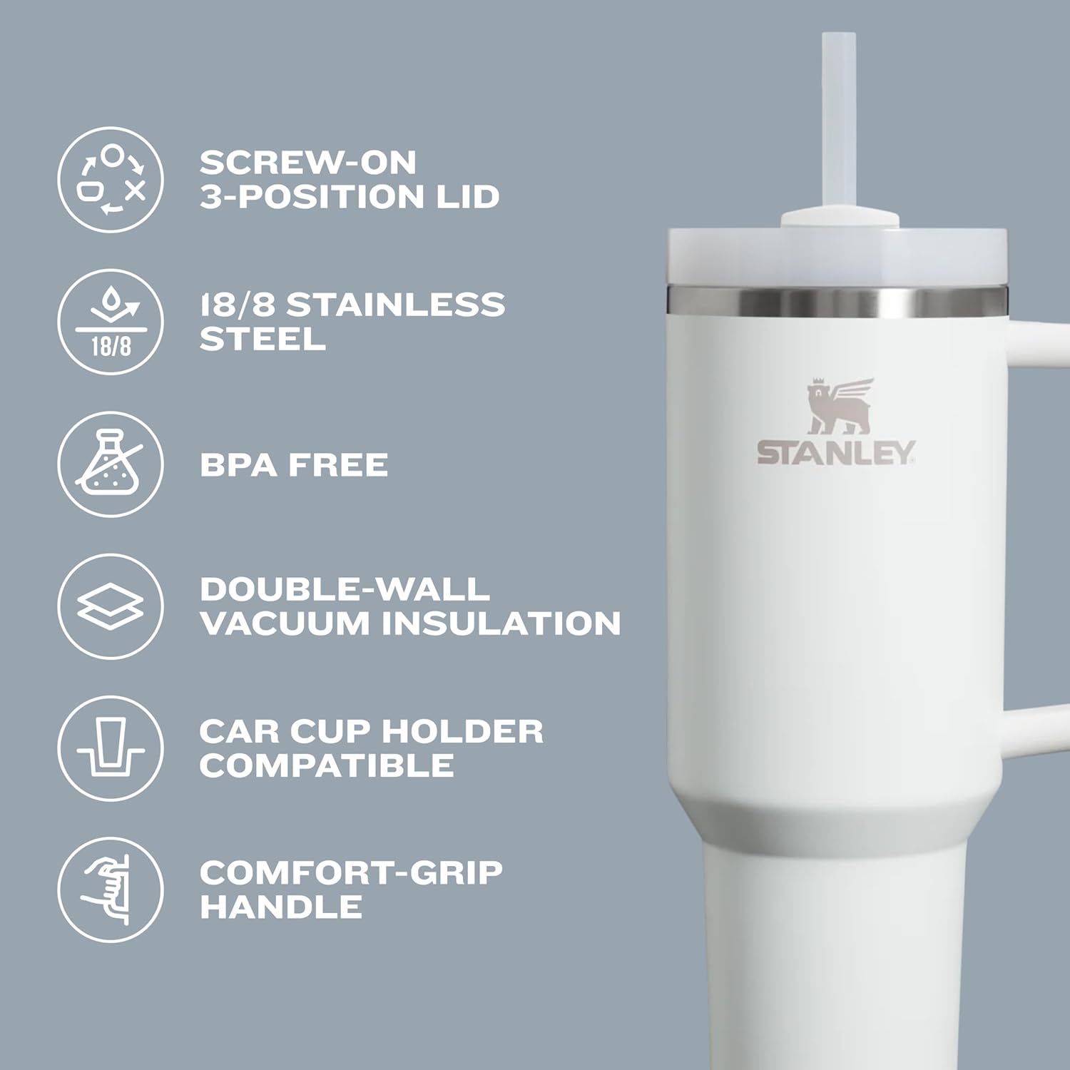 Highlights multiple key features and benefits of the Stanley travel mug to demonstrate its quality, durability, and convenience for everyday use.