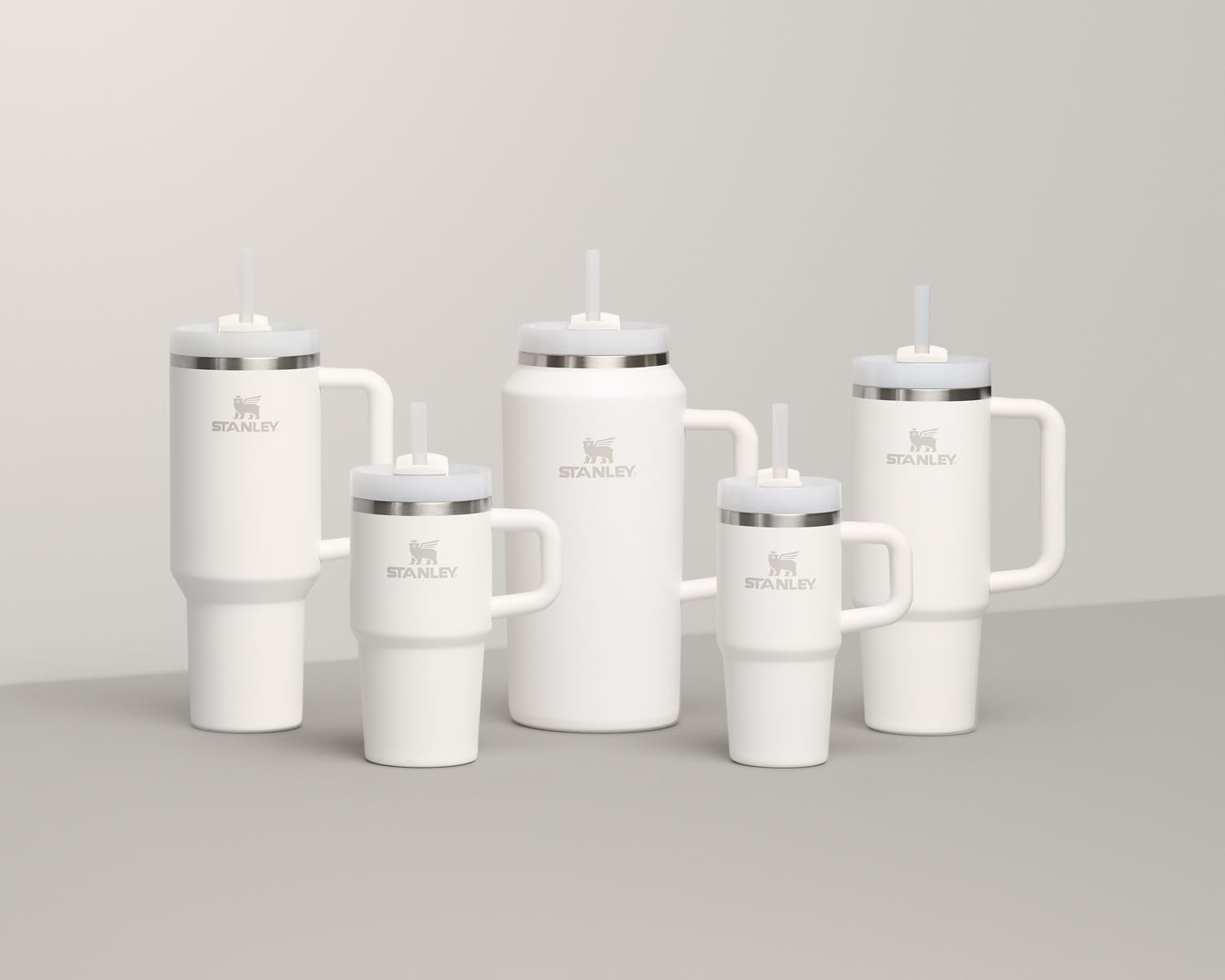 Showcases the full range of Stanley drinkware products in different sizes to demonstrate the variety of options available to customers.