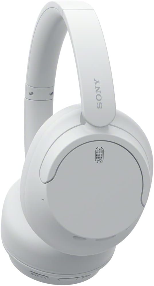 Shows the sleek, minimalist design of the white Sony headphones to appeal to style-conscious consumers.