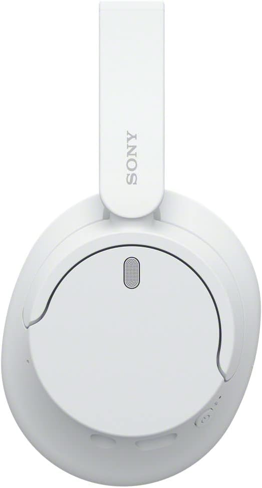 Shows the Sony headphones in a clean, minimalist setting to highlight their sleek white design and premium aesthetic.
