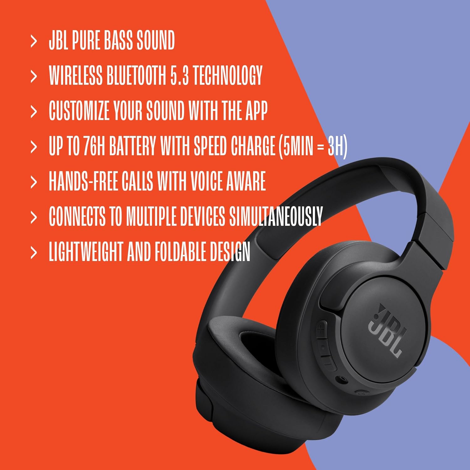 Highlights multiple key features and benefits of the JBL headphones to showcase its overall value and capabilities.