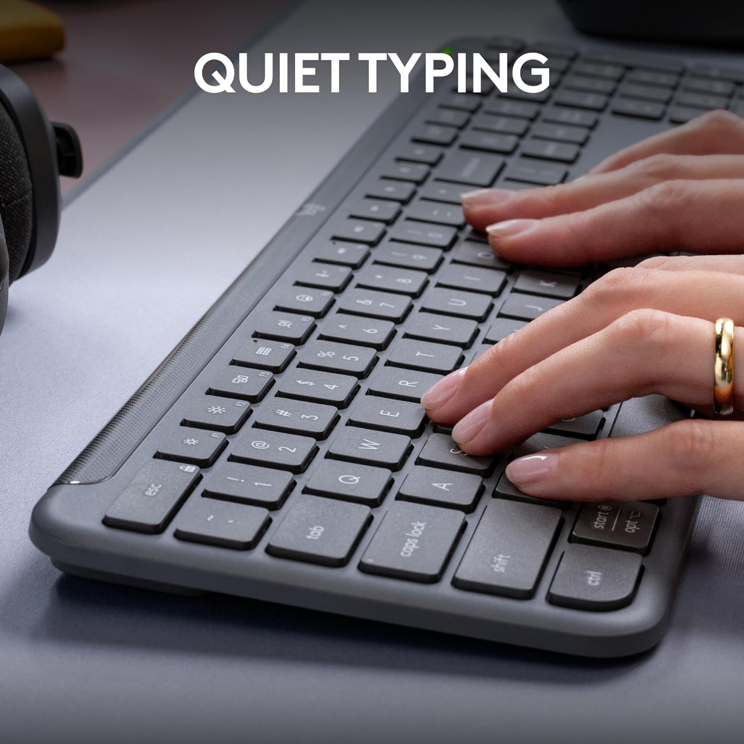 Highlights the keyboard's quiet typing feature to appeal to users who want a low-noise typing experience.