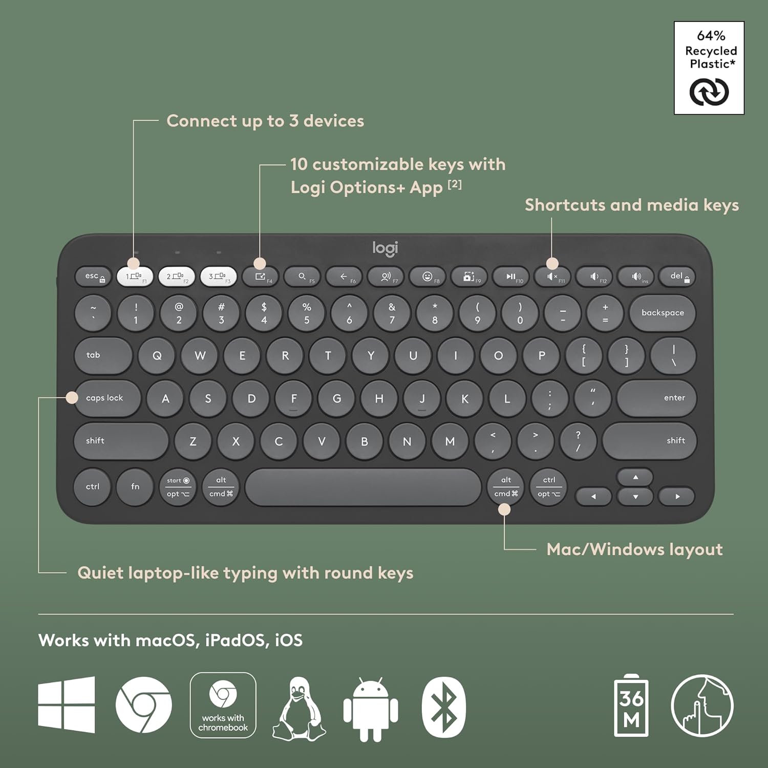 Highlights multiple key features of the keyboard to showcase its versatility and user-friendly design. Demonstrates the keyboard's wide compatibility across different operating systems and…