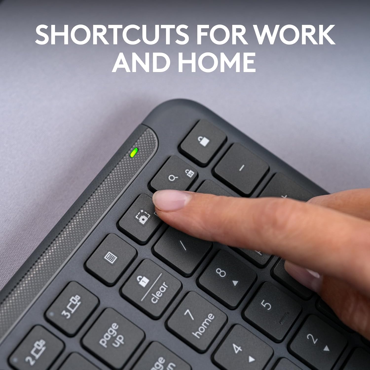 Highlights the keyboard's shortcut keys to show how it can improve productivity at work and home.