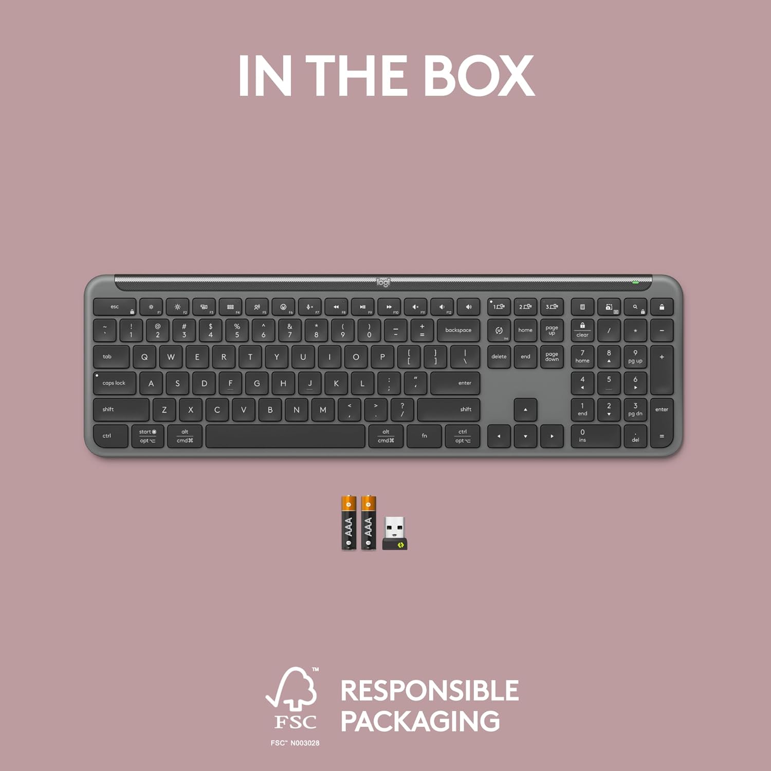 Shows the complete package contents, highlighting that batteries and a USB receiver are included with the keyboard.