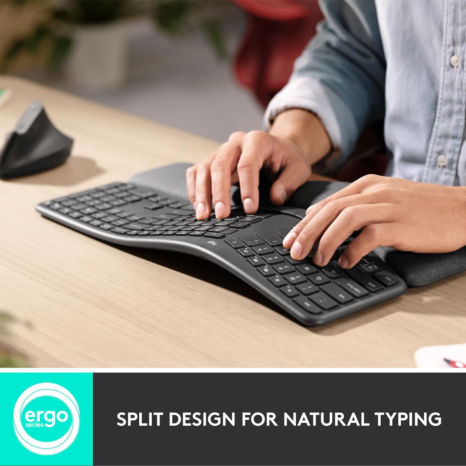 Highlights the ergonomic split keyboard design to show how it enables more natural and comfortable typing.