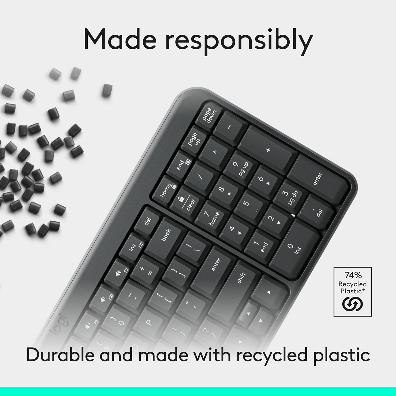 Highlights that the product is made responsibly using recycled plastic, appealing to environmentally-conscious consumers.