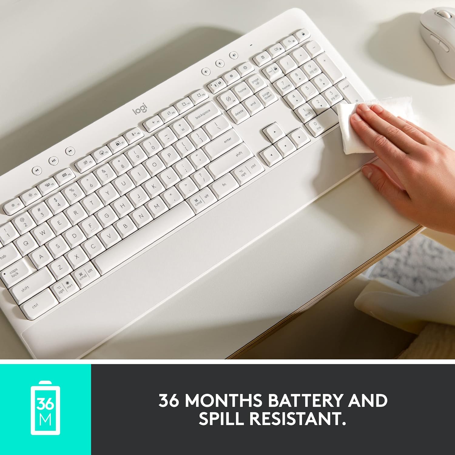 Highlights the keyboard's 36-month battery life and spill resistance to emphasize its durability and low maintenance.