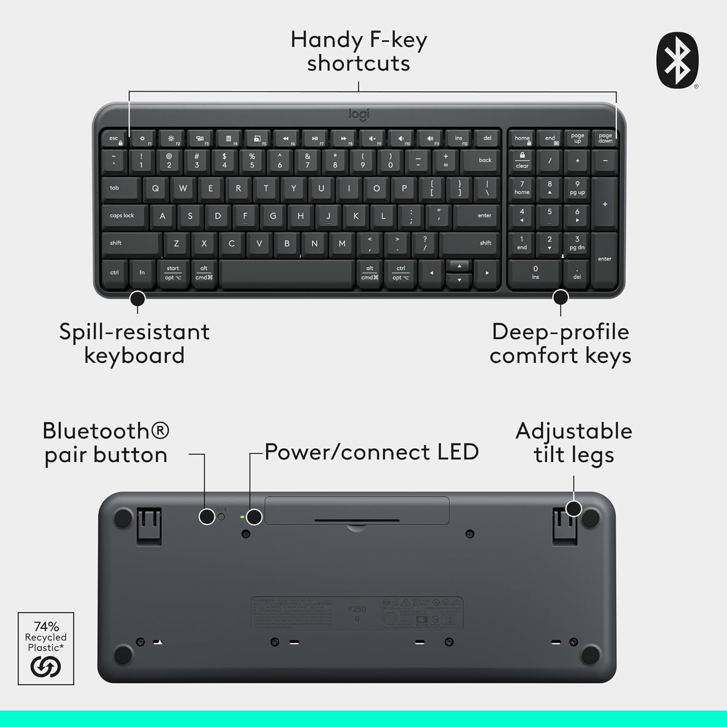 Highlights multiple key features of the keyboard to showcase its durability, comfort, and versatility. Provides a detailed breakdown of the keyboard's physical components and features to help users…