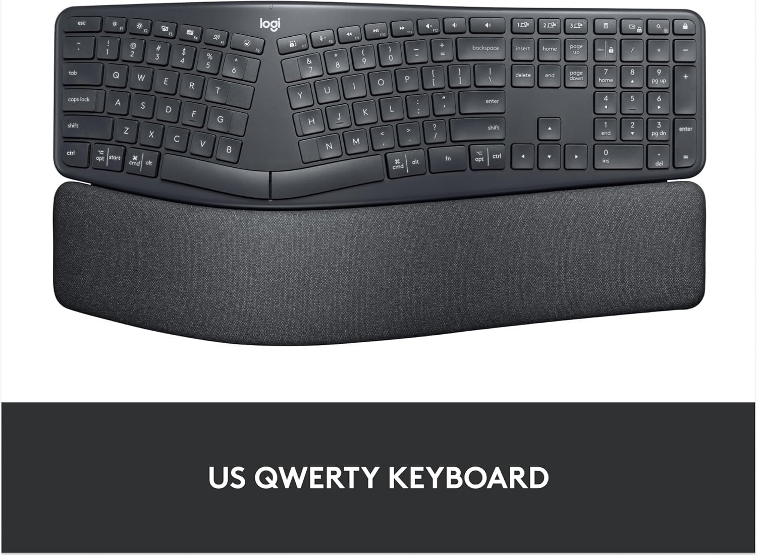 Shows the full layout and ergonomic shape of the keyboard to demonstrate its size and comfort features. Highlights the split ergonomic design and integrated wrist rest to showcase the keyboard's…