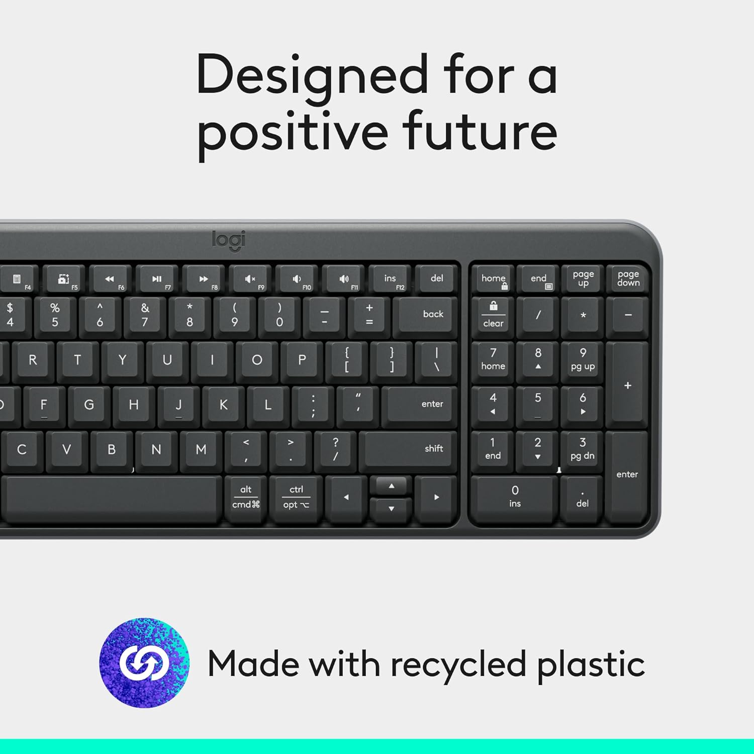 Emphasizes the brand's commitment to sustainability by highlighting the use of recycled plastic in the product.