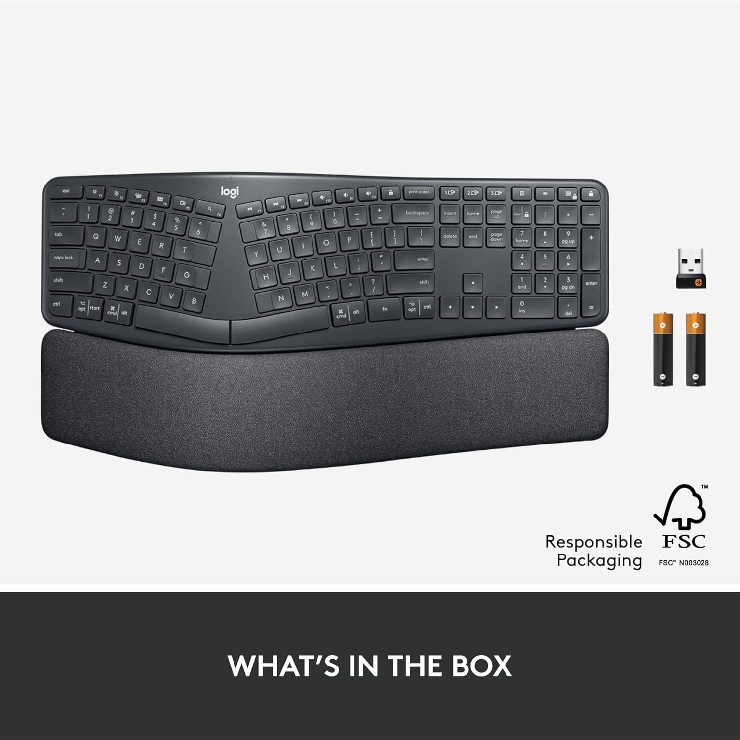 Shows all components included with the ergonomic keyboard purchase, highlighting the complete package customers will receive.