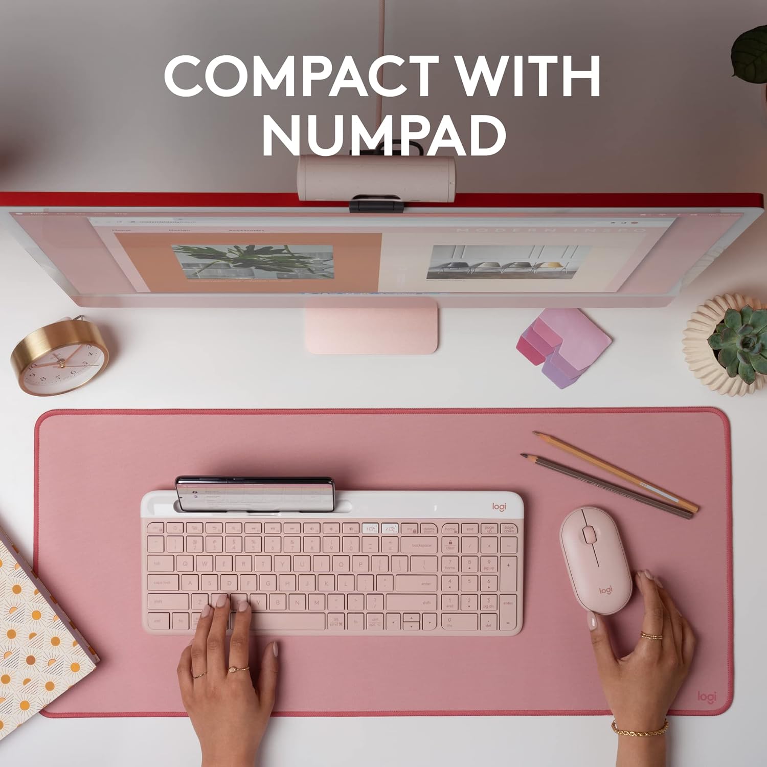 Highlights the keyboard's compact design that still includes a full numpad, appealing to users who want a space-saving keyboard without sacrificing functionality.