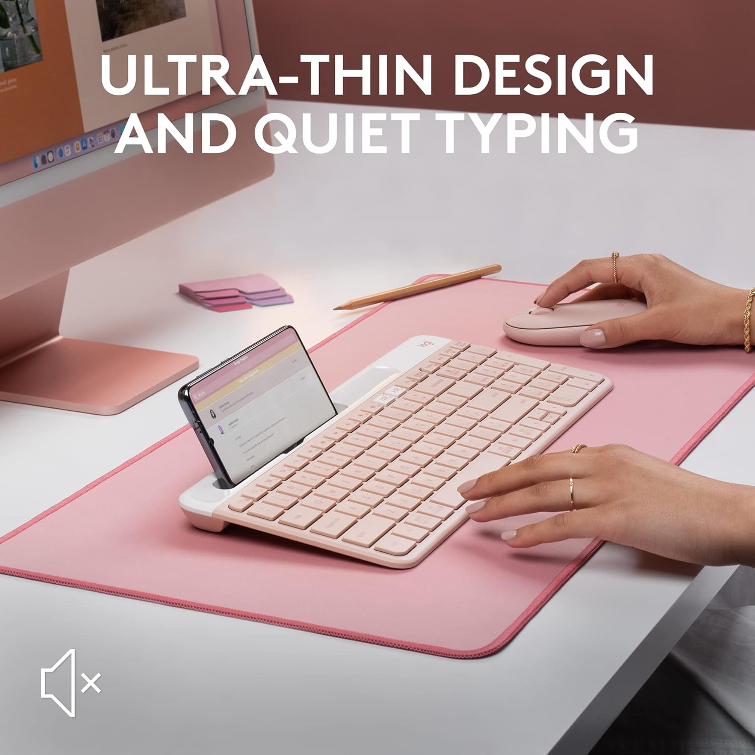 Highlights the keyboard's slim profile and quiet operation, appealing to users who value a sleek workspace and minimal noise.