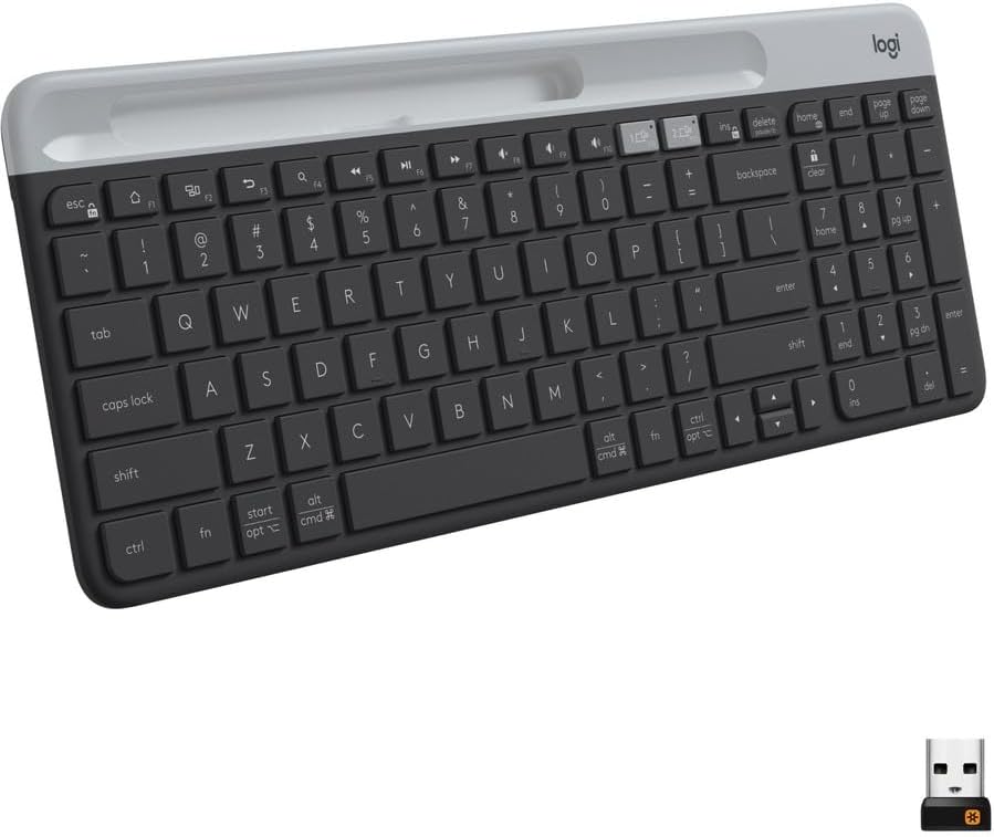 Shows the full layout and size of the keyboard to demonstrate it has a complete set of keys including a number pad.