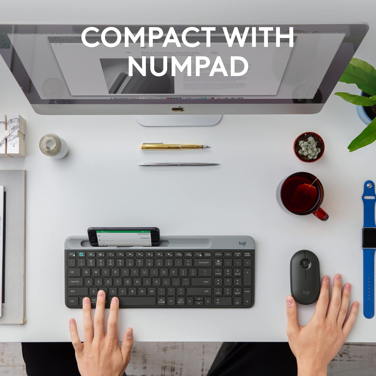 Highlights the keyboard's compact design that still includes a full numpad, appealing to users who want a space-saving keyboard without sacrificing functionality.