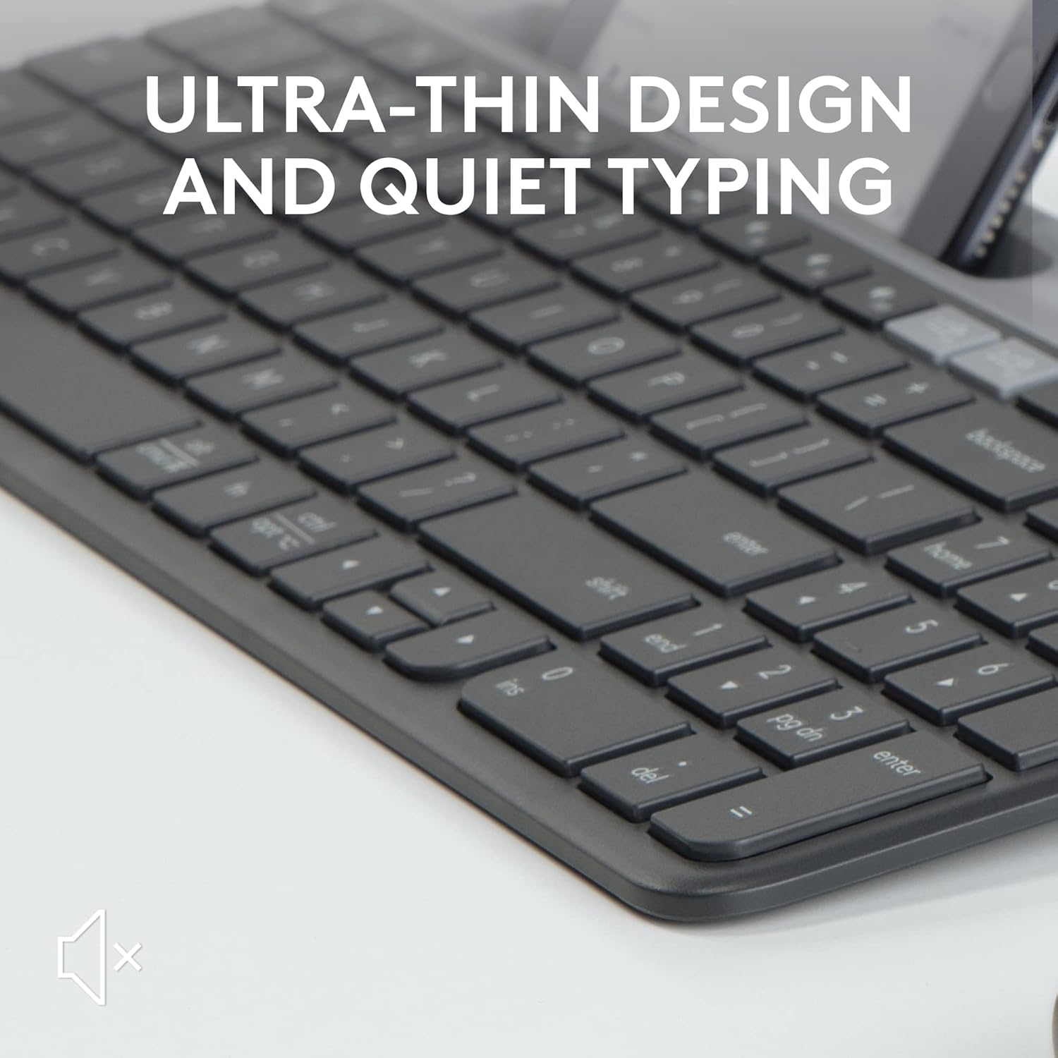 Highlights the keyboard's slim profile and quiet operation to appeal to users who want a sleek, non-disruptive typing experience.