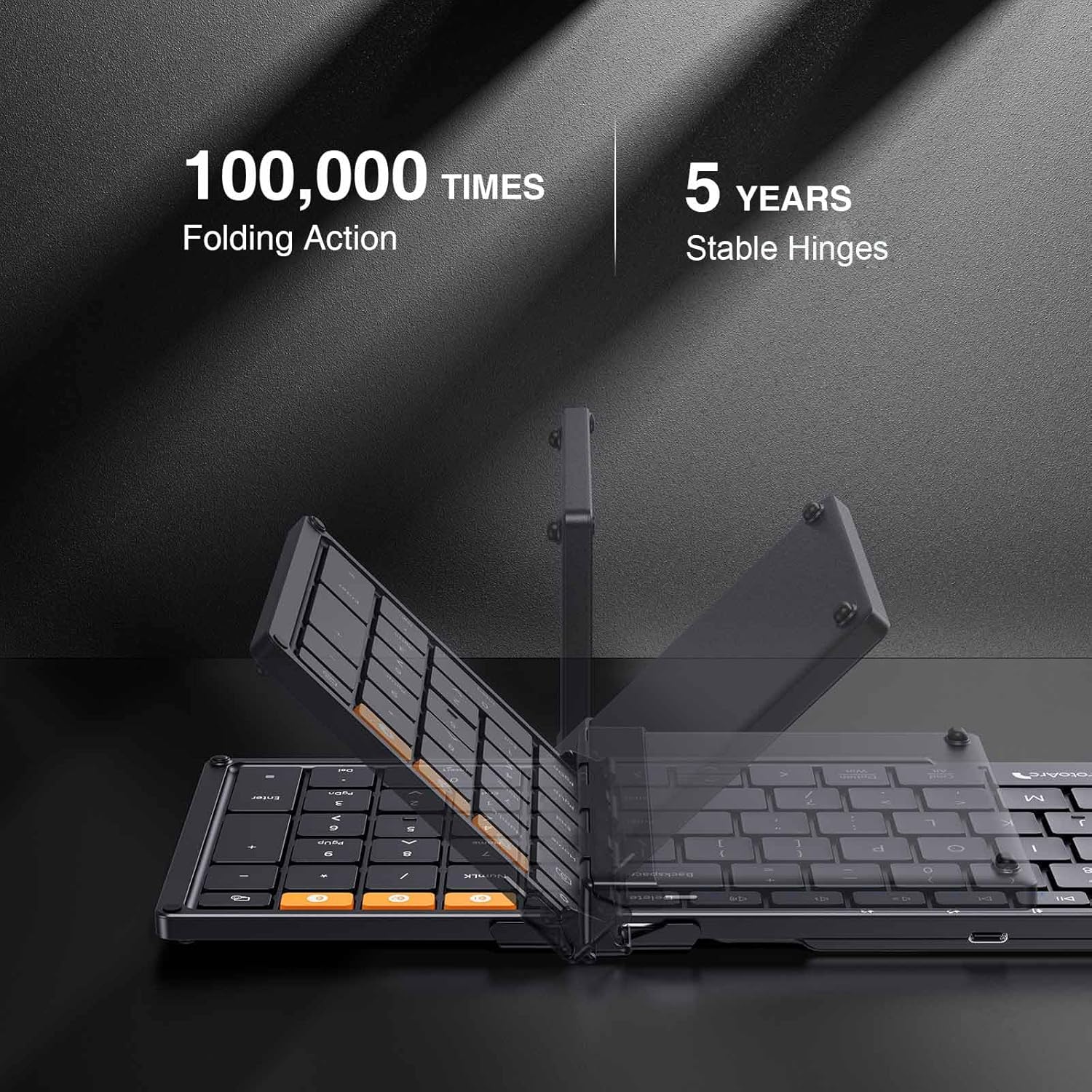 Highlights the product's durability by showcasing its ability to withstand 100,000 folding actions and 5 years of stable hinge use.