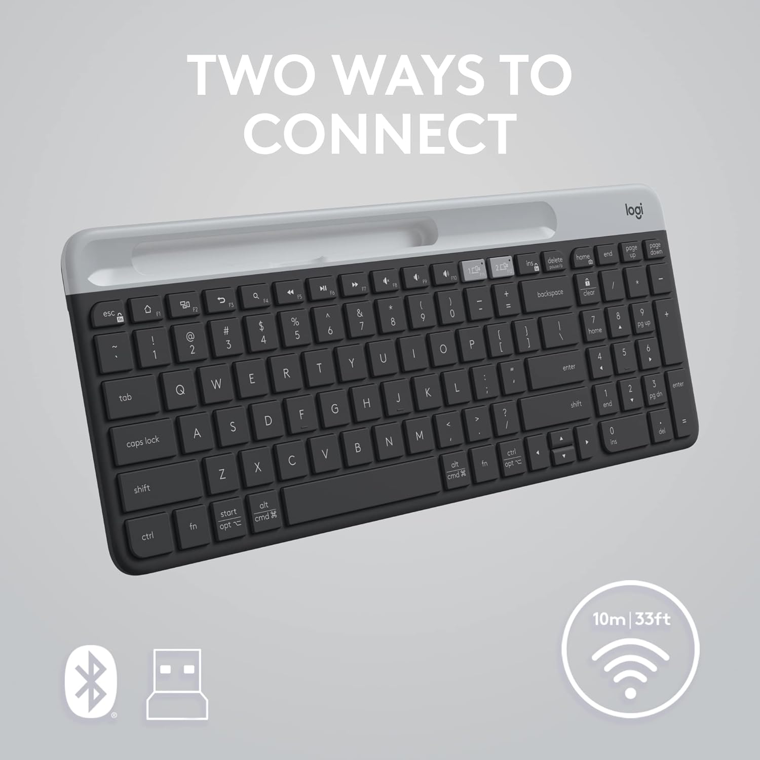 Highlights the keyboard's dual connectivity options (Bluetooth and USB) to show versatility and ease of use with different devices.