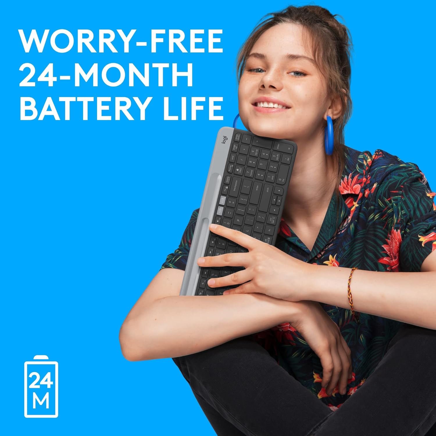 Highlights the keyboard's impressive 24-month battery life to reassure customers about its longevity and convenience.