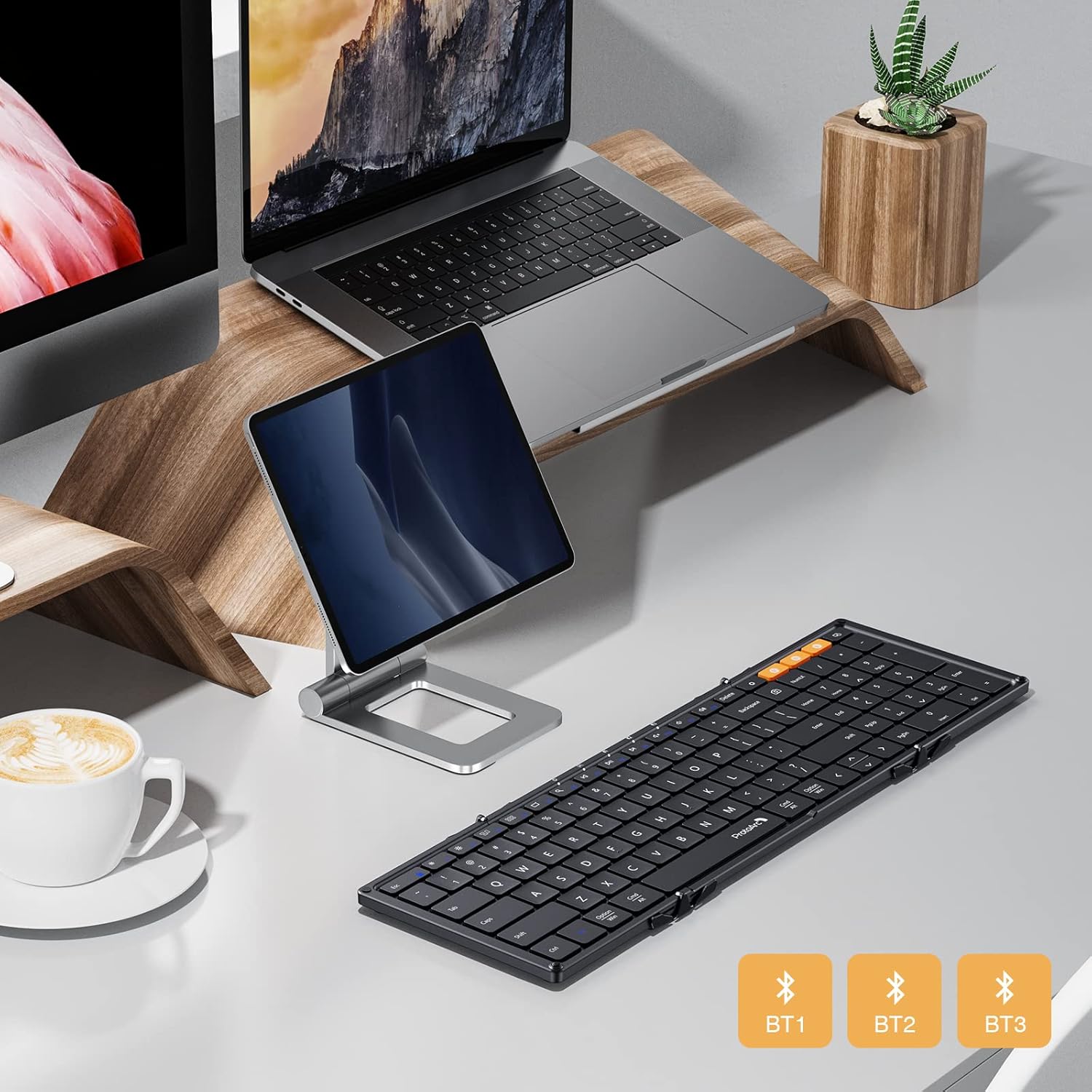 Demonstrates the keyboard's versatility in working with multiple devices like laptops, tablets, and smartphones. Highlights the keyboard's Bluetooth compatibility with different devices, showing…