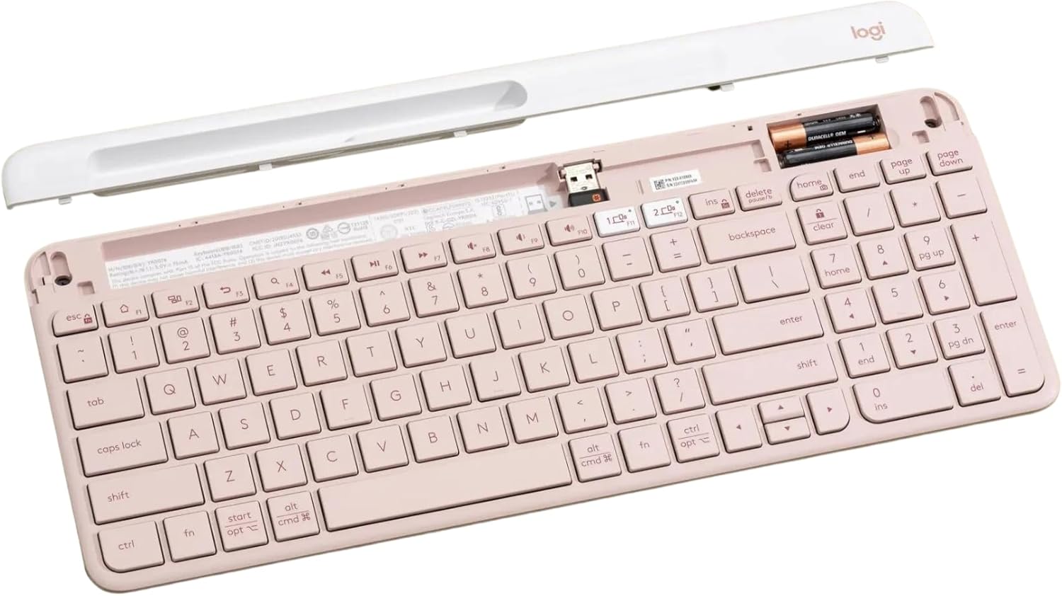 Shows the complete contents of the package, including the keyboard, batteries, and wireless receiver, to inform customers of everything they'll receive.
