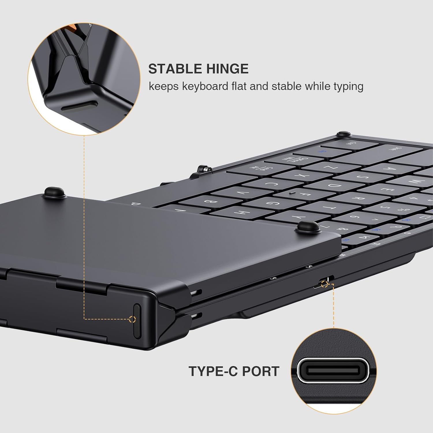 Highlights the keyboard's stable hinge feature that keeps it flat and stable while typing, improving user experience. Shows the keyboard's compatibility with devices using Type-C ports, indicating…