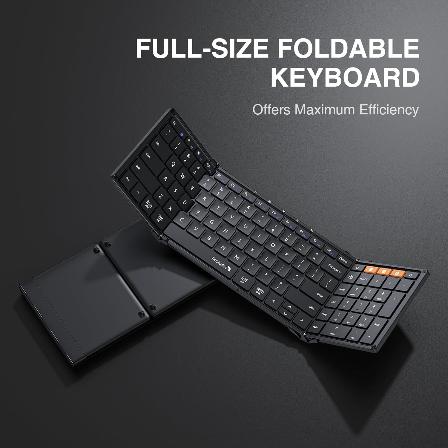 Highlights the product's unique foldable design that offers a full-size keyboard for maximum efficiency while being portable.
