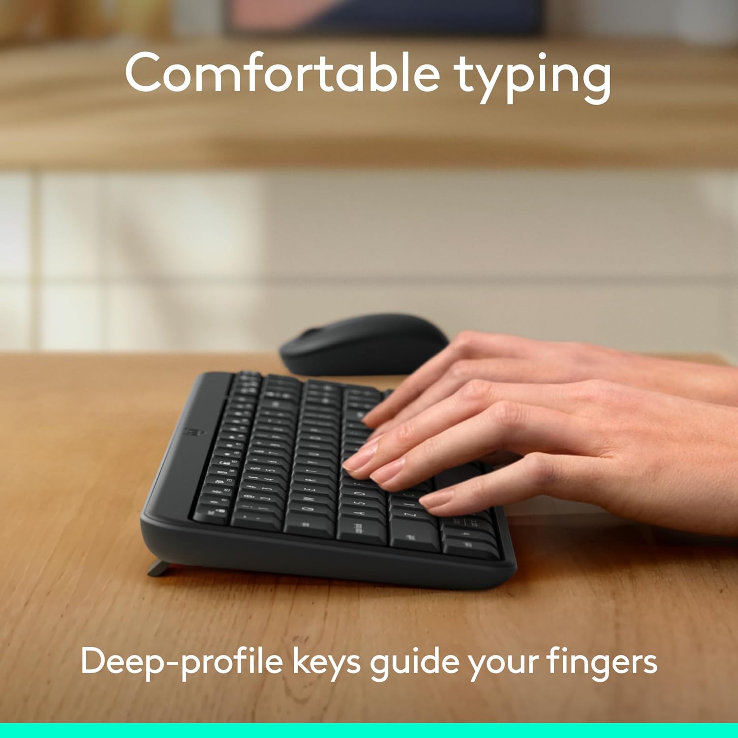 Highlights the ergonomic design of the keyboard for comfortable typing, emphasizing the deep-profile keys that guide fingers.