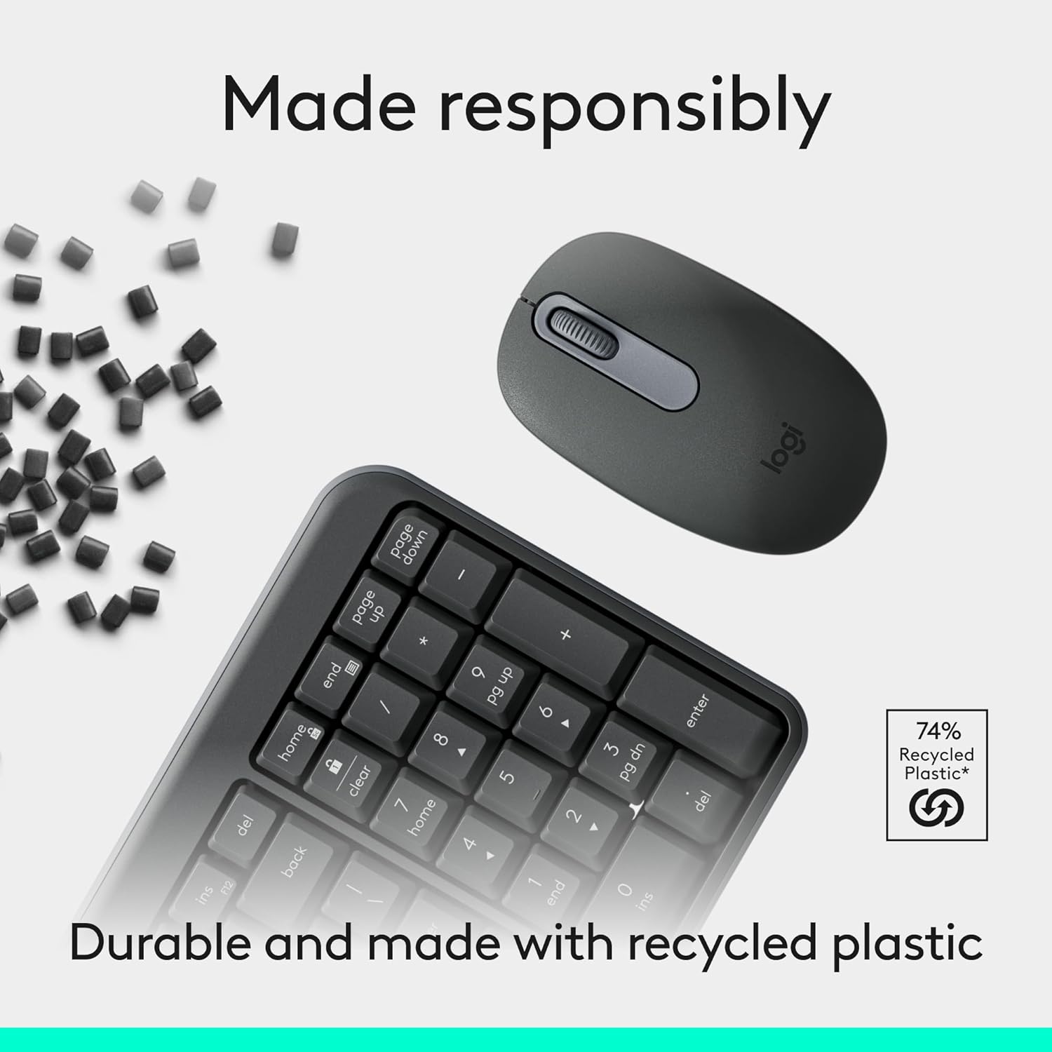 Highlights that the product is made responsibly using recycled plastic, appealing to environmentally-conscious consumers.