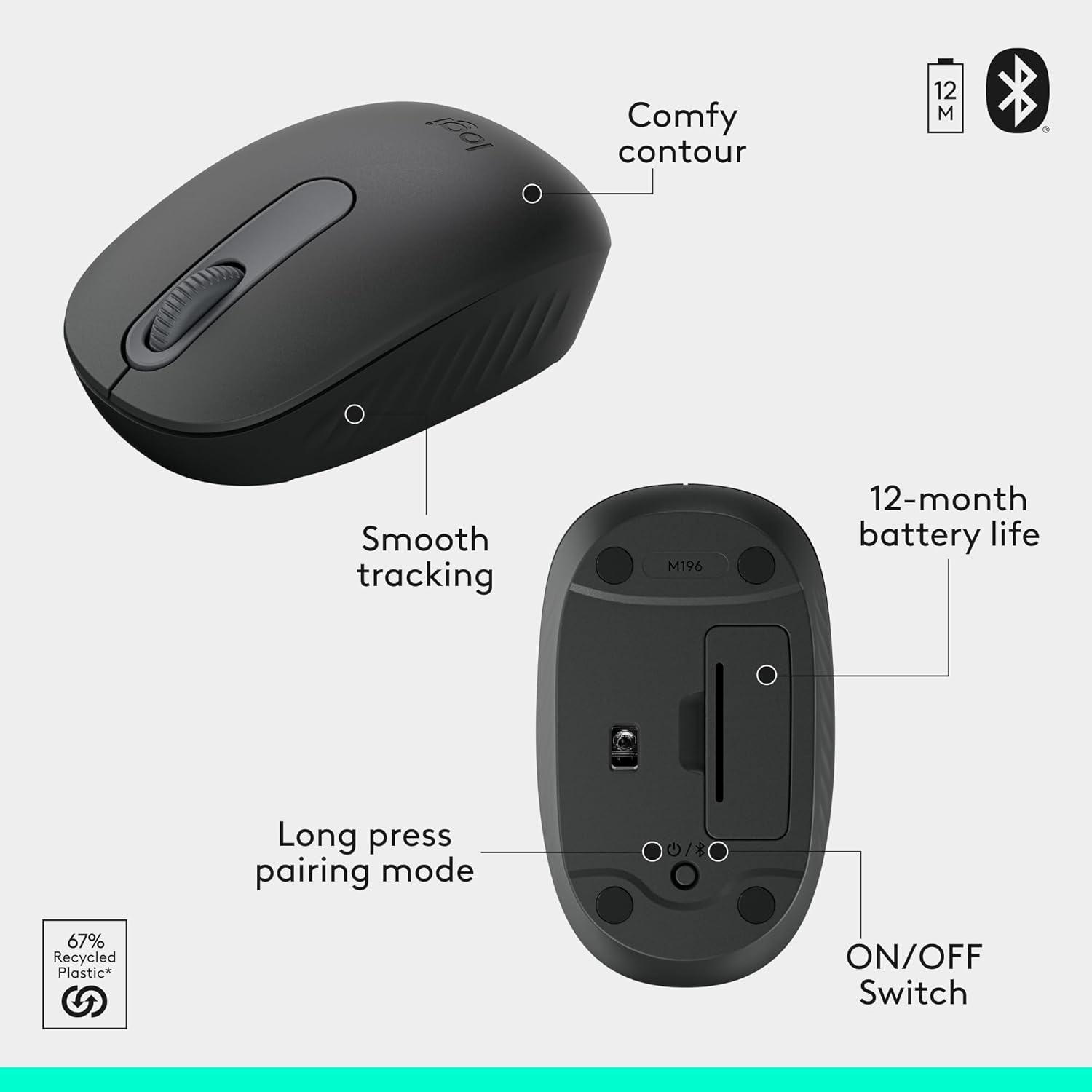 Highlights key features of the mouse including its comfortable shape, long battery life, and Bluetooth connectivity to showcase its user-friendly design and functionality.