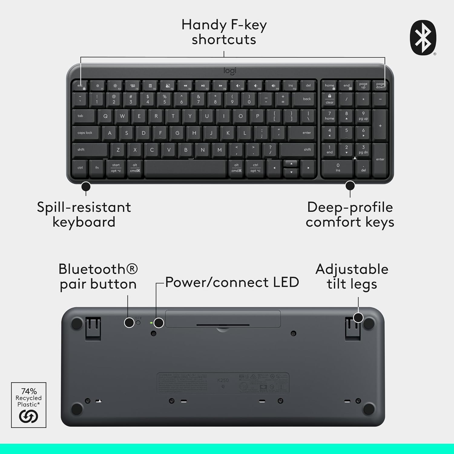 Highlights key features and components of the keyboard to showcase its functionality and design. Demonstrates the keyboard's Bluetooth connectivity and eco-friendly construction using recycled…