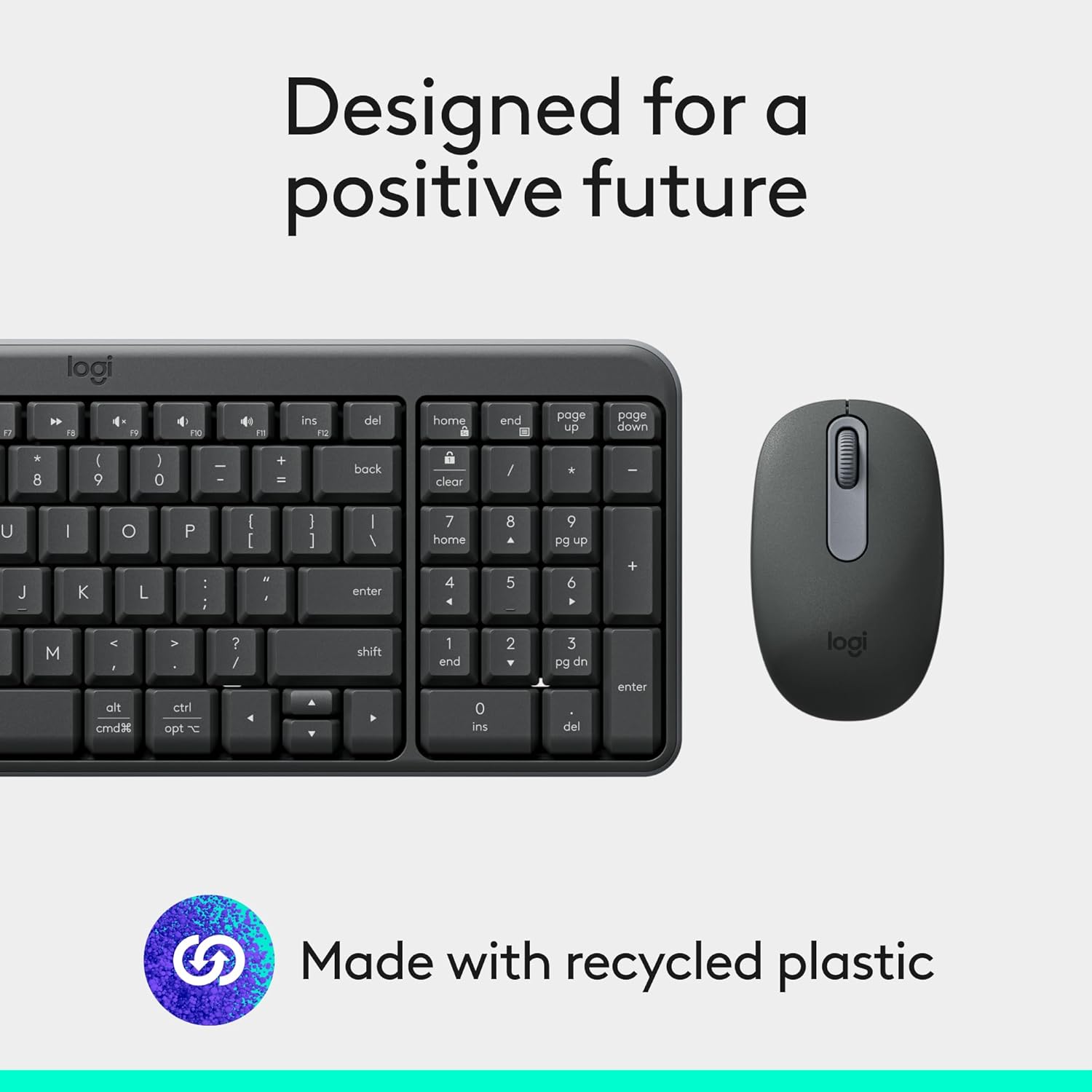 Emphasizes the brand's commitment to sustainability by highlighting the use of recycled plastic in product manufacturing.